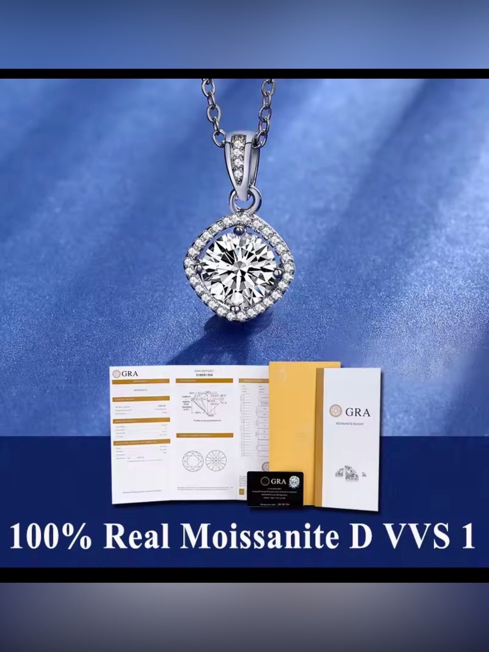 GRA Certified White Moissanite Halo Pendant Necklace